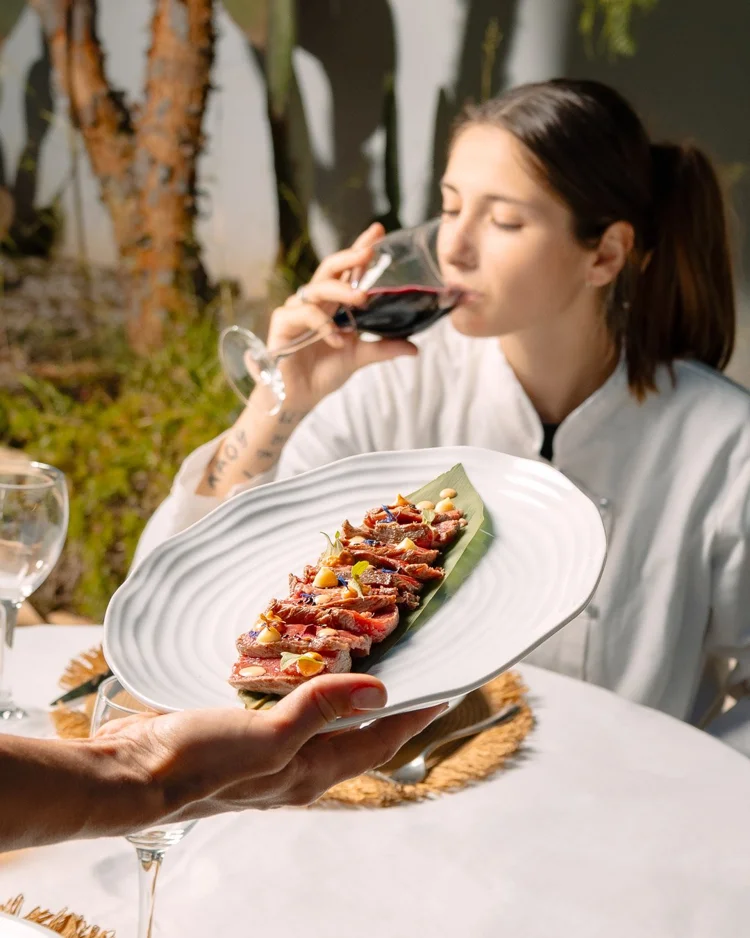 Vino tinto y plato de carne en una mesa al aire libre