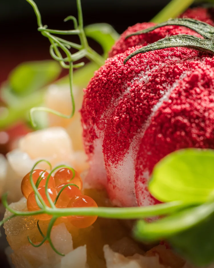 Plato gourmet con caviar rojo