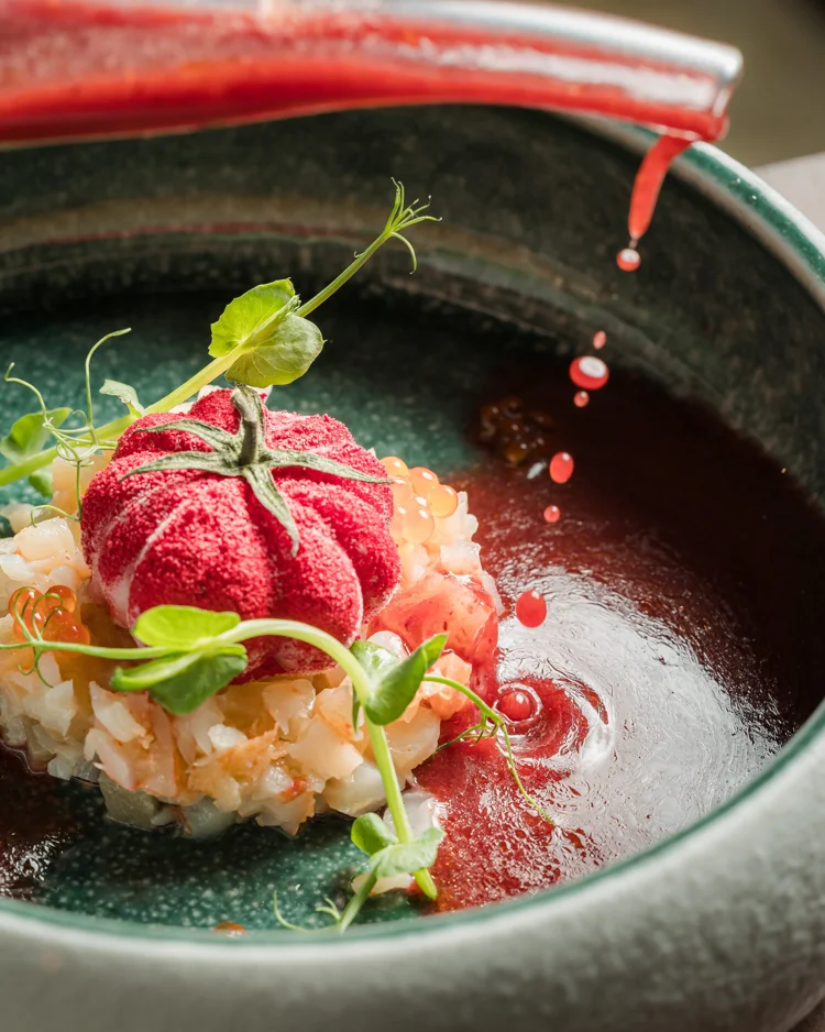 Salsa roja vertida sobre un plato gourmet
