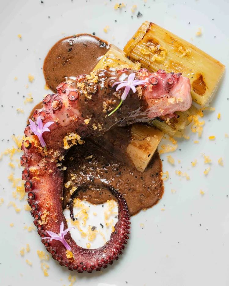 Pulpo con salsa oscura y flores